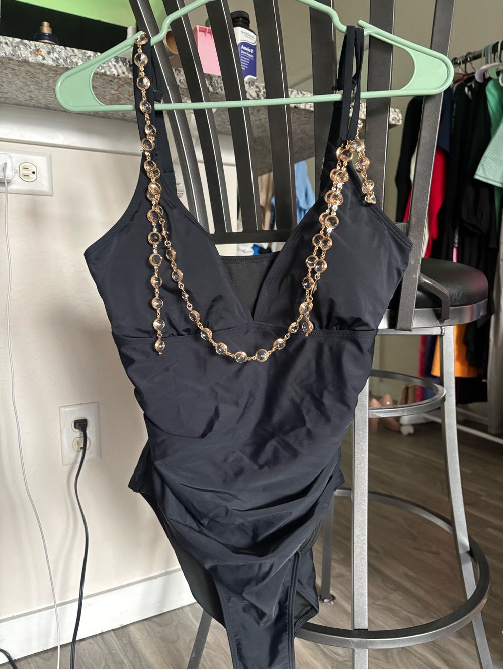 RIHOAS Black One-Piece Swim Bodysuit with Gold Chain Accent